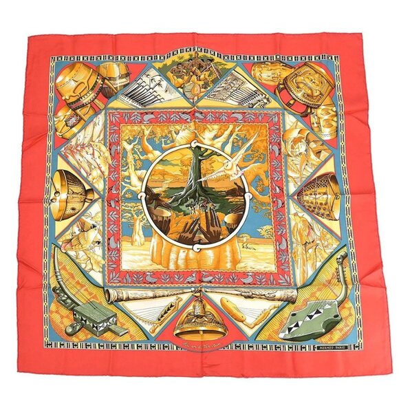 Hermes Scarf Carre 90 Au Son du Tam Tam Red Small Good - Picture 1 of 5